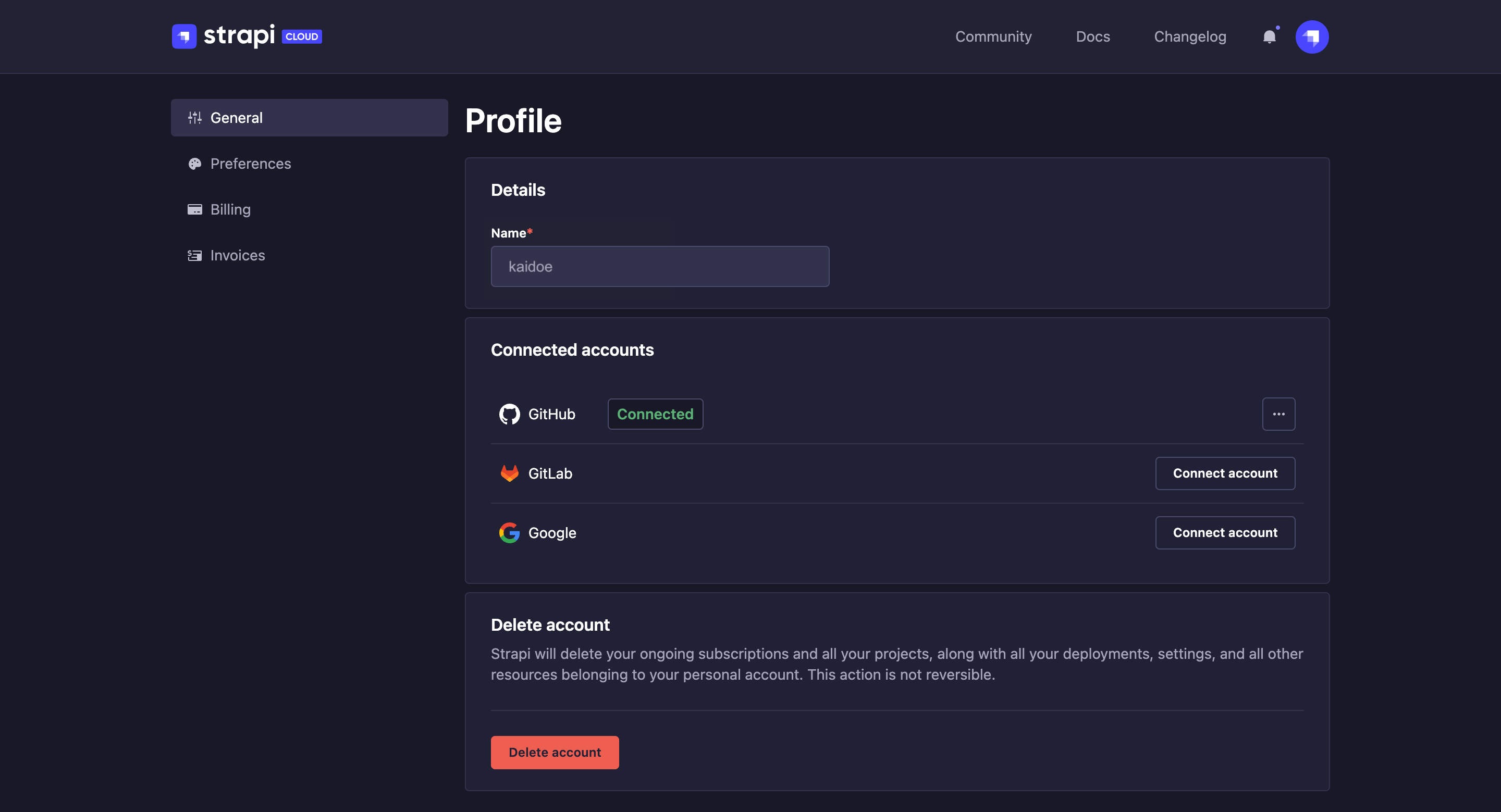 General tab of Profile page