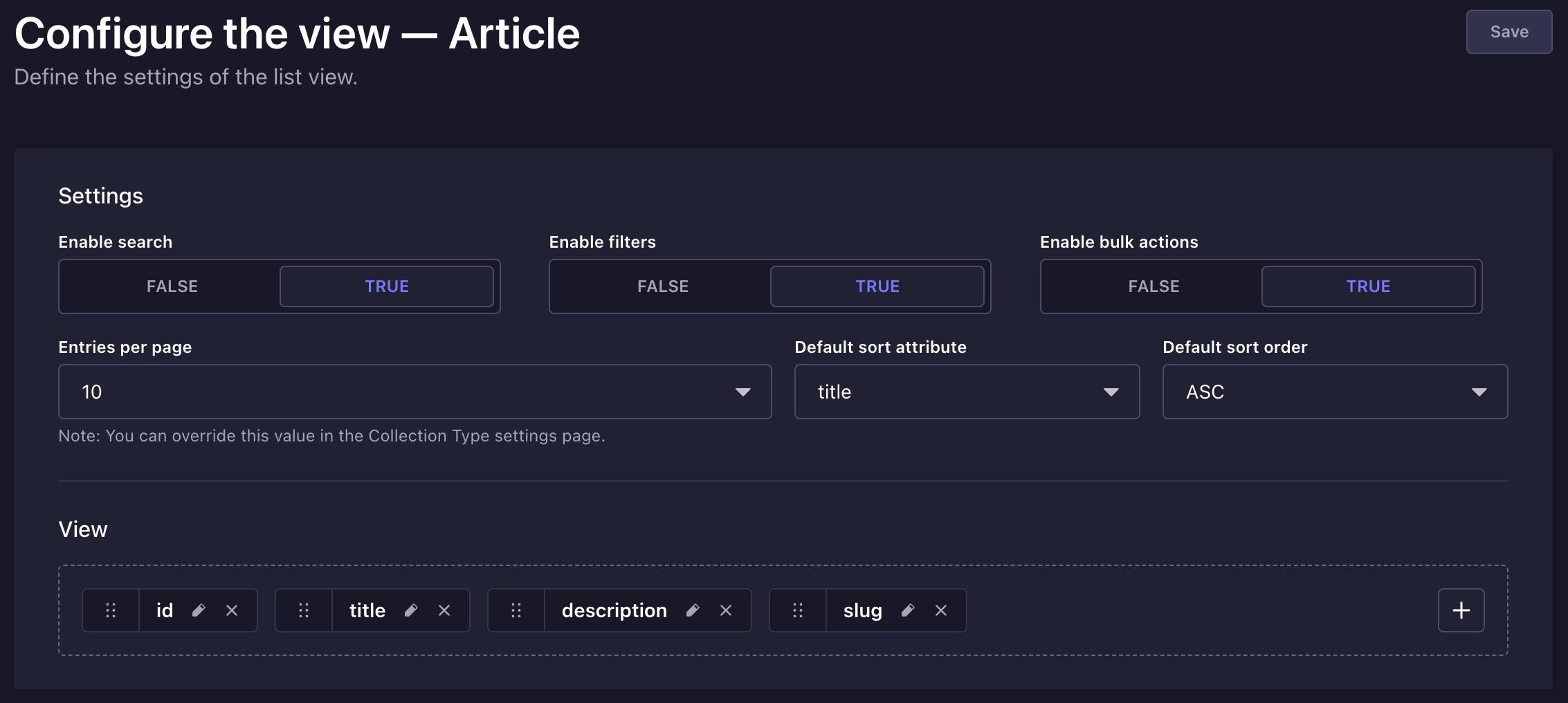 Settings of a list view in the Content Manager